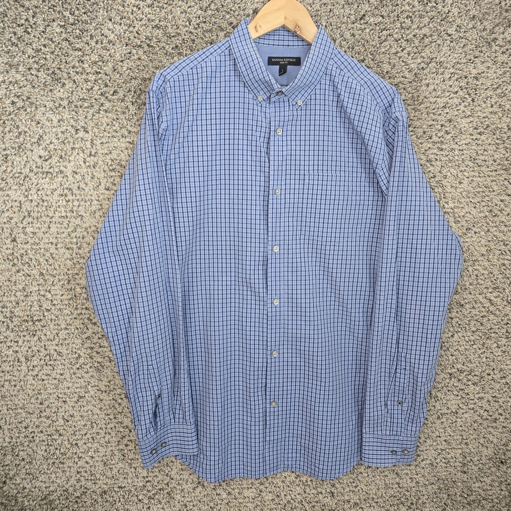 Banana‎ Republic Dress Shirt Mens Large Blue Plaid Button Down Slim Fit Cotton